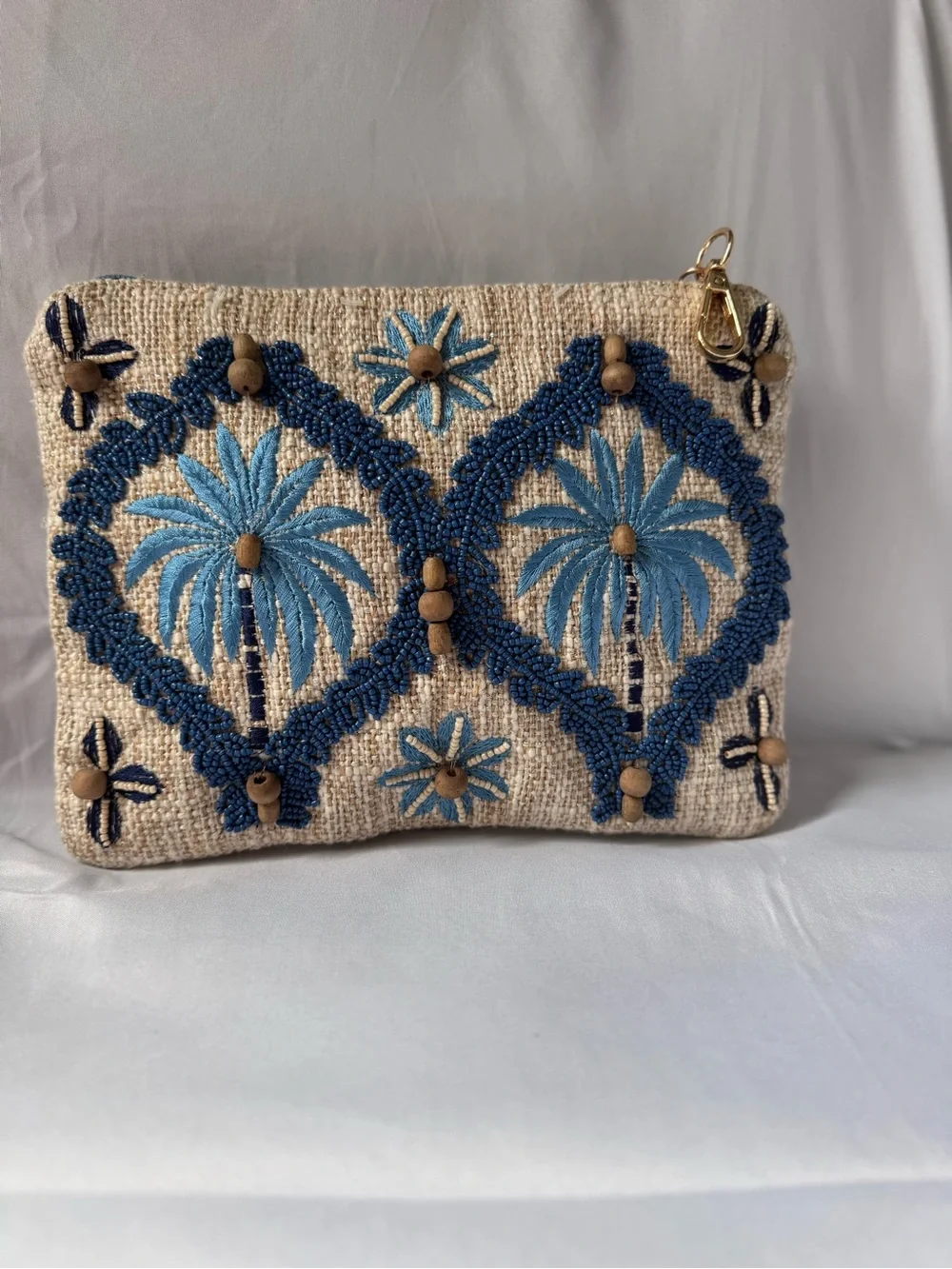 Beaded Palm Tree Embroidered Wristlet Clutch - Blue on Natural